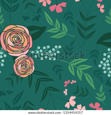 Abstract floral seamless pattern. Repeat pattern with flat cartoon style rose flower without leaf. Great for nature concept of fabric, textile, wrap, wallpaper, and any surface design.