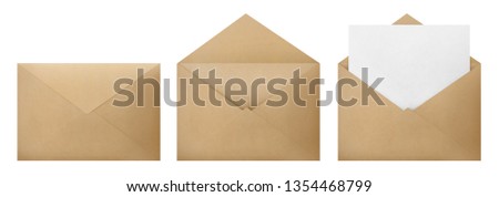 Set of brown envelopes (sealed, empty and with a blank paper inside), isolated on white background