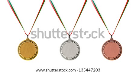 Gold, Silver and Bronze blank medals isolated on white Royalty-Free Stock Photo #135447203