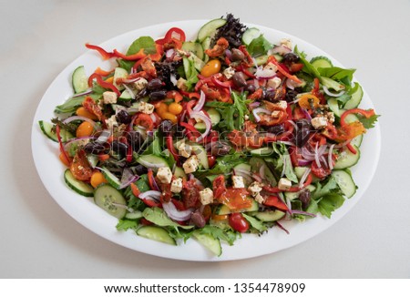 Salad plate with capsicum, olives and cucumber, Australia
