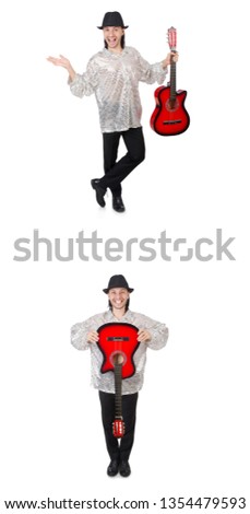 Young man with guitar isolated on white 