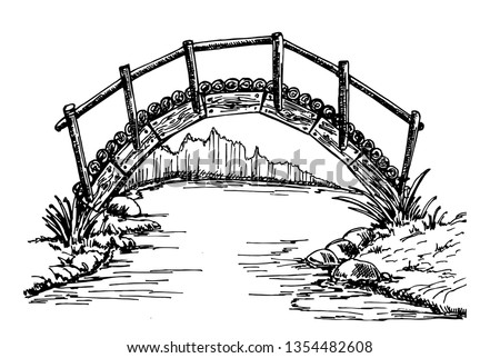 Wooden bridge sketch. Landscape with a wooden bridge. Wooden bridge over the river.