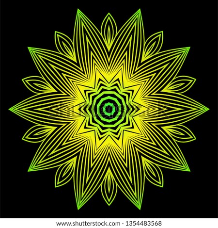 Sacred Oriental Mandala. Color Floral Ornament. Abstract Shapes In Asian Style. Vector Illustration. Black green yellow color.