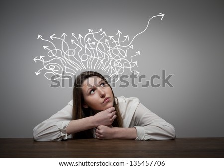 Thinking. Girl solving a problem. Royalty-Free Stock Photo #135457706