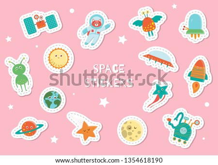 Cute space stickers for children on pink background. Bright flat illustration of satellite, astronaut, alien, sun, planet, earth, star, moon, ufo, rover, rocket. Cosmic smiling characters for kids