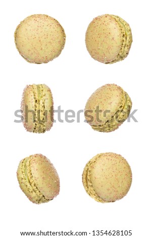 French green macarons dessert cakes top view isolated on white background
