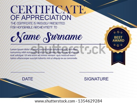 Creative Certificate Of Appreciation Award Template. Illustration Certificate Horizontal In A4 Size Pattern. Royalty-Free Stock Photo #1354629284