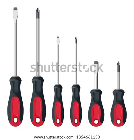 Realistic screwdrivers set isolated on white background. Hand tools for repair and construction. Small and large, Crosshead and flathead phillips screwdrivers, Vector illustration Royalty-Free Stock Photo #1354661150