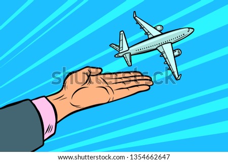 plane takes off from a man's hands. flight, travel, tourism concept. Comic cartoon pop art illustration vintage vector drawing