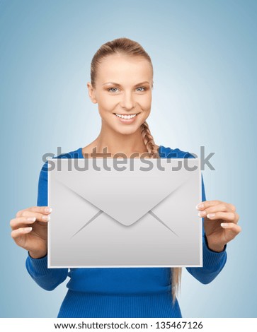 picture of smiling woman showing virtual envelope