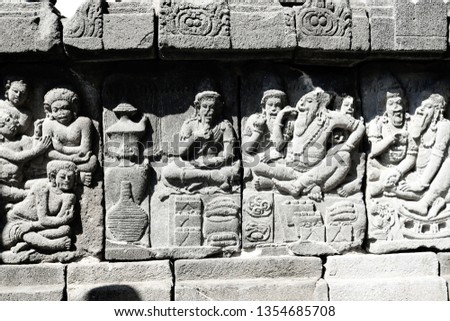 Relief on Prambanan temple walls in Central Java, Indonesia