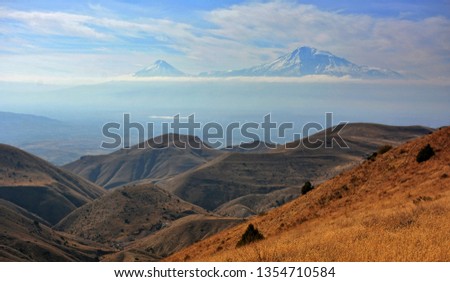 Famous Ararat mountain. Biblical Mount Ararat - 5165 m.  Symbol of Armenia - Sis and Masis, Greater Ararat and Little Ararat. 