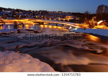 Kongsberg  city in Norway, long exposure night photography of the bridge and waterfall