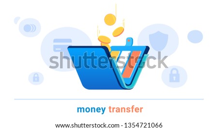 Electronic wallet vector illustration, flat cartoon golden coins flying in wallet Royalty-Free Stock Photo #1354721066