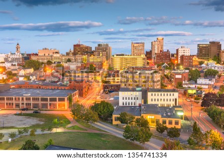 Portland, Maine, USA downtown city skyline at dusk.