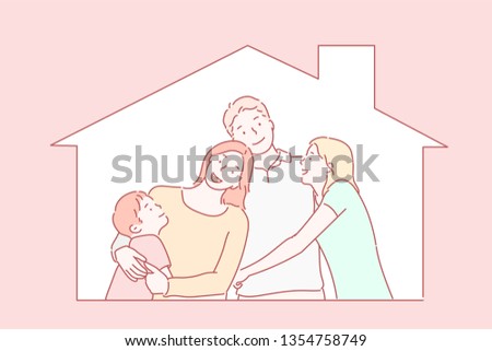 concept housing a young family. Mother father and child in new house with a roof. Hand drawn style vector design illustrations.