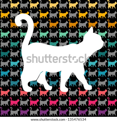 Seamless pattern. Texture with colorful cats with curved tails. Can be used for textile, website background, book cover, packaging.