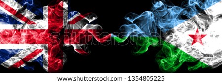 United Kingdom vs Djibouti smoky mystic flags placed side by side. Thick colored silky smoke flags of Great Britain and Djibouti.