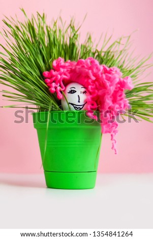 Funny easter faces on egss and one egg with a pink wig