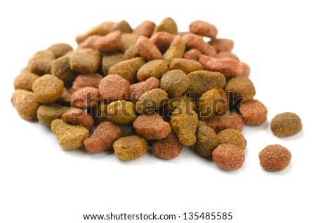 Pile of pet dried food isolated on white