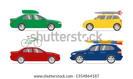 Collection of vector illustrations of summer car travel and leisure isolated on white background. Bike, surfboards and kayaks in the baggage.  Flat style. Good for advertising, banners and websites.