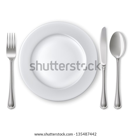 Empty plate with spoon, knife and fork on a white background. Mesh. Clipping Mask. Royalty-Free Stock Photo #135487442
