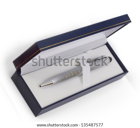 silver ballpoint pen gift box isolated on a white background