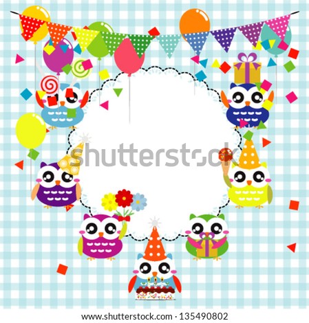 Vector birthday party card with funny owls