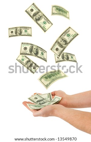 Hand and falling money, isolated on white background