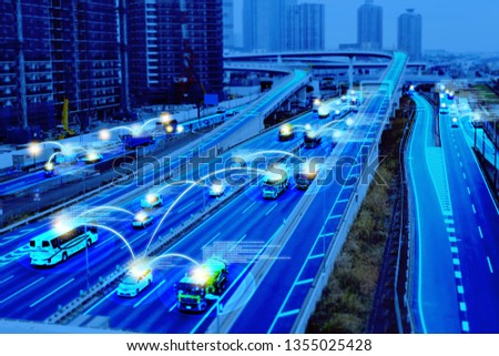 Smart car (HUD) , Autonomous self-driving mode vehicle on metro city road iot concept with graphic sensor radar signal system and internet sensor connect.