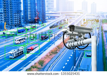 Machine learning analytics identify vehicles technology , Artificial intelligence concept. Software ui analytics and recognition cars vehicles in city. Smart surveillance cameras. Royalty-Free Stock Photo #1355025431