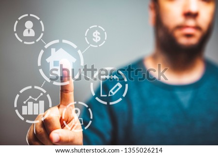 real estate concept, property value diagram, with a man in background touching a button, buy a house