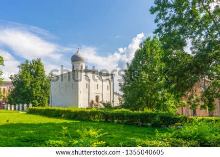 Church of the Assumption on the Mart or Uspenskaya at Yaroslav's Court in Velikiy Novgorod, Russia. Monument of ancient russian architecture. UNESCO world heritage site