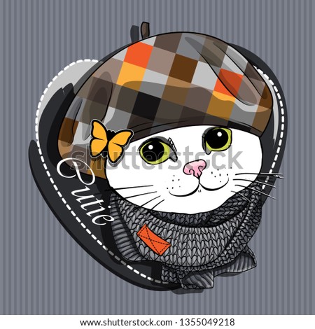 Pretty white cat with checkered hat and gray knitted scarf. Hand drawn illustration of dressed kitten.  Vector illustration.