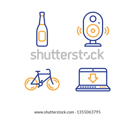 Speaker, Beer and Bicycle icons simple set. Internet downloading sign. Music sound, Pub alcohol, Bike. Load data. Business set. Linear speaker icon. Colorful design set. Vector