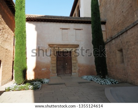 Thuja guarding the side entrance to the historic Moorish palace in the Alhambra. The play of light and shadow in the picture makes the picture more plastic. Granada, Andalusia,Spain. Scenic urban view