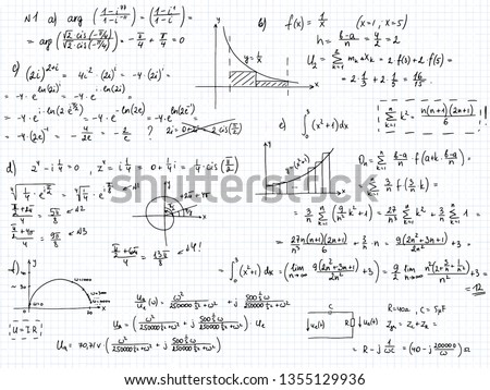 Set of mathematical formulas and solutions to problems and equations.  Homework of a student. Vector image of algebra and geometry tasks.  Royalty-Free Stock Photo #1355129936