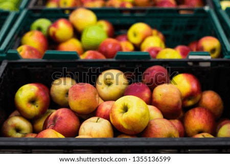 green and red apple fruits food in supermarket interior counter food concept photography