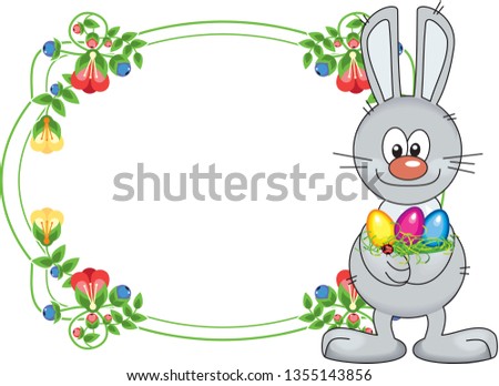 Flower frame with cute little bunny and Easter eggs