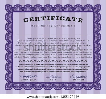 Violet Certificate diploma or award template. With guilloche pattern. Money design. Customizable, Easy to edit and change colors. 