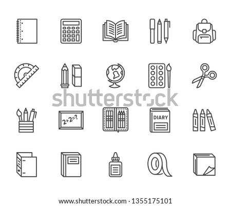 School supplies flat line icons set. Study tools - globe, calculator, book, pencil, scissors, ruler, notebook vector illustration. Thin signs for stationery sale. Pixel perfect 64x64. Editable Stroke.