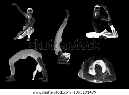 Yoga, different poses on a white background, isolate. practice Yoga instructor, teaching a lesson. Beautiful girl