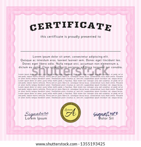 Pink Certificate template. Detailed. With complex linear background. Cordial design. 