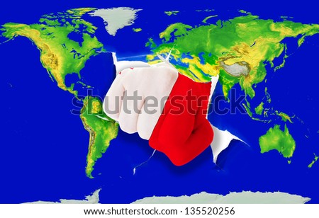 Fist in color national flag of malta punching world map as symbol of export, economic growth, power and success