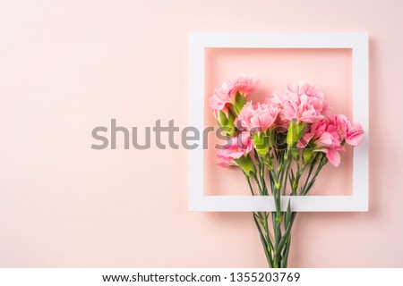 Design concept - top view of carnation with white square frame on pink background for mothers day, wedding and valentines day with copy space for mock up