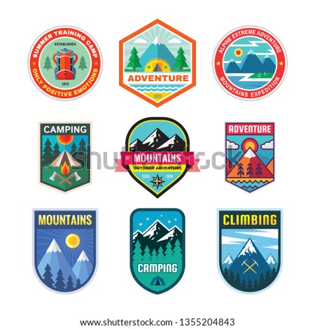 Set of adventure outdoor concept badges, summer camping emblem, mountain climbing logo in flat style. Extreme exploration sticker symbol. Creative vector illustration. Graphic design element.  