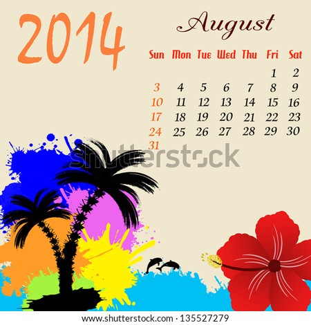 Calendar for 2014 August with palm trees and dolphins, vector illustration