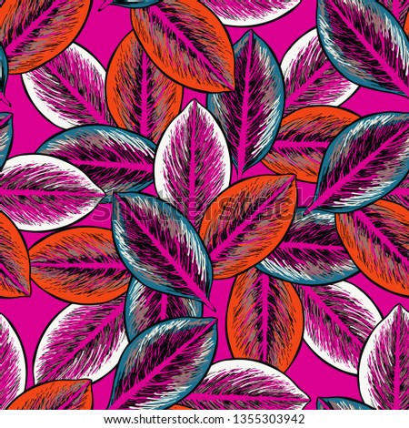 Colored tropical leaves on a pink background. Tropical seamless pattern with exotic leaves.