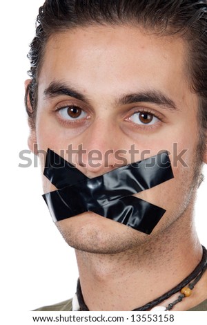 Young man with masking tape on mouth a over white background