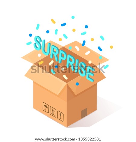 3d isometric cardboard, carton box with surprise, confetti. Open gift, container. Festive package isolated on white background. Vector cartoon design